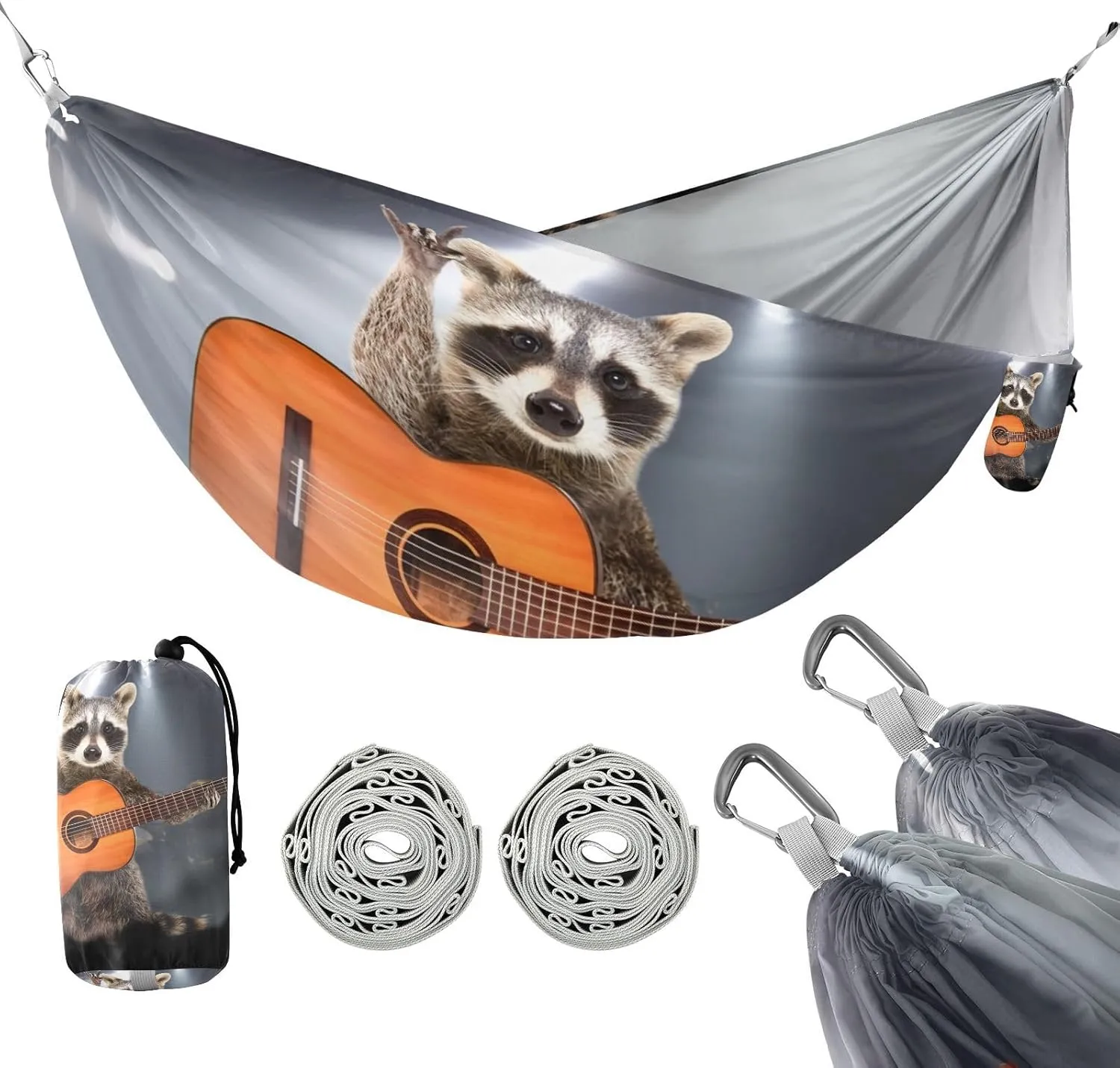 susiyo Portable Camping Hammock Funny Raccoon with Acoustic Guitar Printed Lightweight Hammock Comfortable Travel Swing with Tree Straps for Camping Hiking Backpacking Travel or Beach - Up to 330lbs