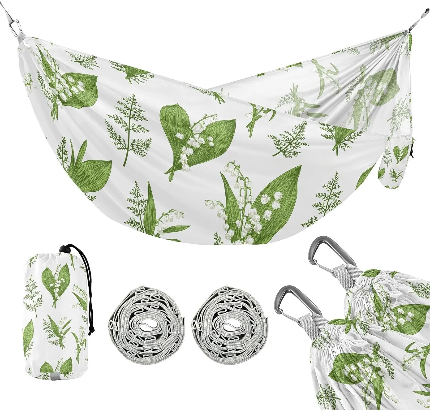 susiyo Portable Camping Hammock Lily Valley Flowers Printed Lightweight Hammock Comfortable Travel Swing with Tree Straps for Camping Hiking Backpacking Travel or Beach - Up to 330lbs