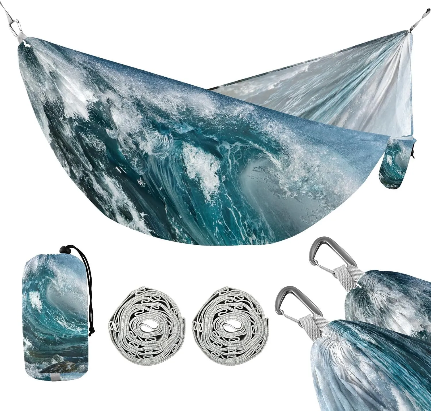 susiyo Portable Camping Hammock Ocean Wave Printed Lightweight Hammock Comfortable Travel Swing with Tree Straps for Camping Hiking Backpacking Travel or Beach - Up to 330lbs