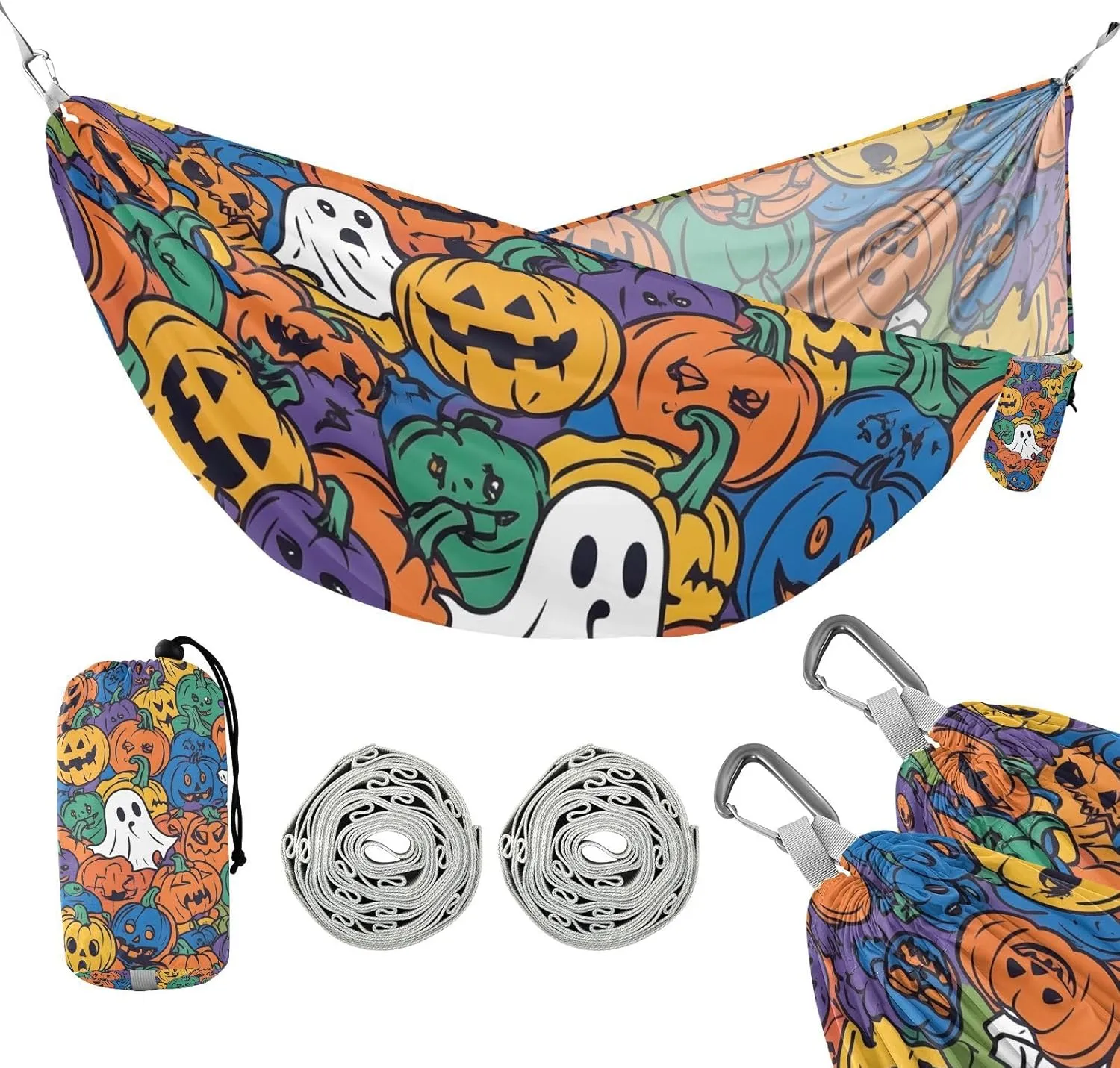 susiyo Portable Camping Hammock Spooky Pumpkins Ghosts Printed Lightweight Hammock Comfortable Travel Swing with Tree Straps for Camping Hiking Backpacking Travel or Beach - Up to 330lbs