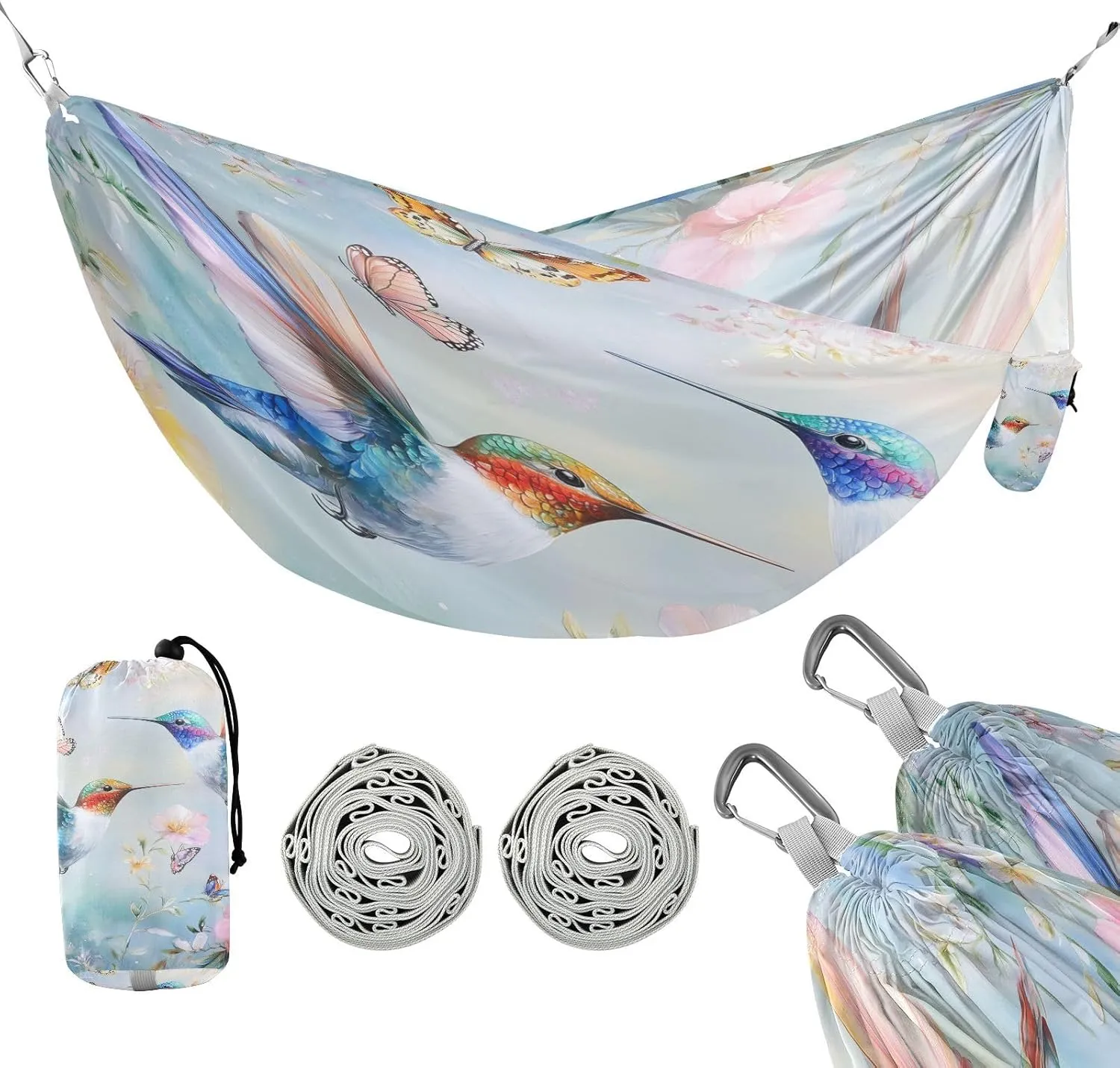 susiyo Portable Camping Hammock Spring Hummingbird Printed Lightweight Hammock Comfortable Travel Swing with Tree Straps for Camping Hiking Backpacking Travel or Beach - Up to 330lbs