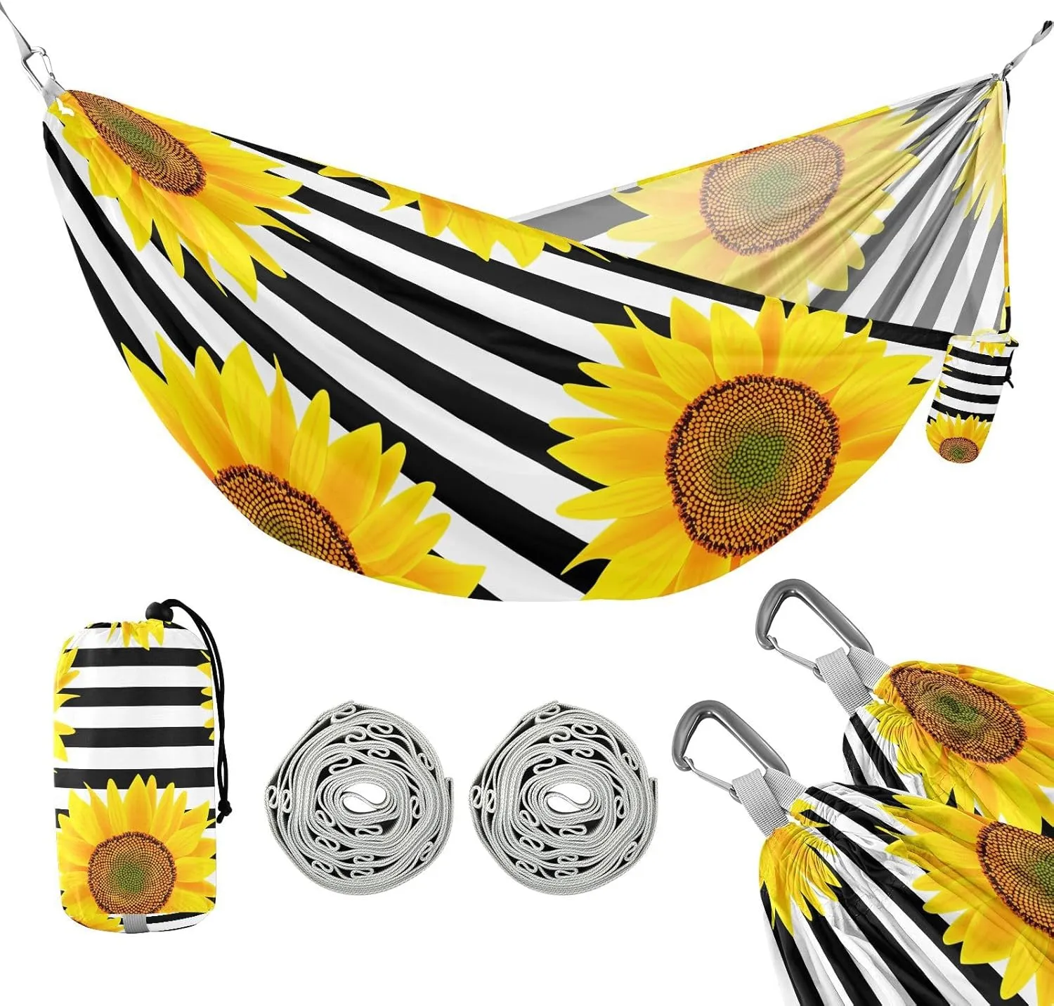 susiyo Portable Camping Hammock Sunflowers on Black and White Striped Printed Lightweight Hammock Comfortable Travel Swing with Tree Straps for Camping Hiking Backpacking Travel or Beach - Up to 330lb