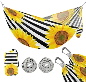 susiyo Portable Camping Hammock Sunflowers on Black and White Striped Printed Lightweight Hammock Comfortable Travel Swing with Tree Straps for Camping Hiking Backpacking Travel or Beach - Up to 330lb