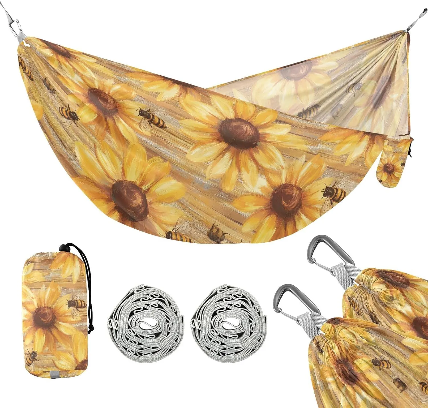 susiyo Portable Camping Hammock Yellow Daisies Bees Printed Lightweight Hammock Comfortable Travel Swing with Tree Straps for Camping Hiking Backpacking Travel or Beach - Up to 330lbs