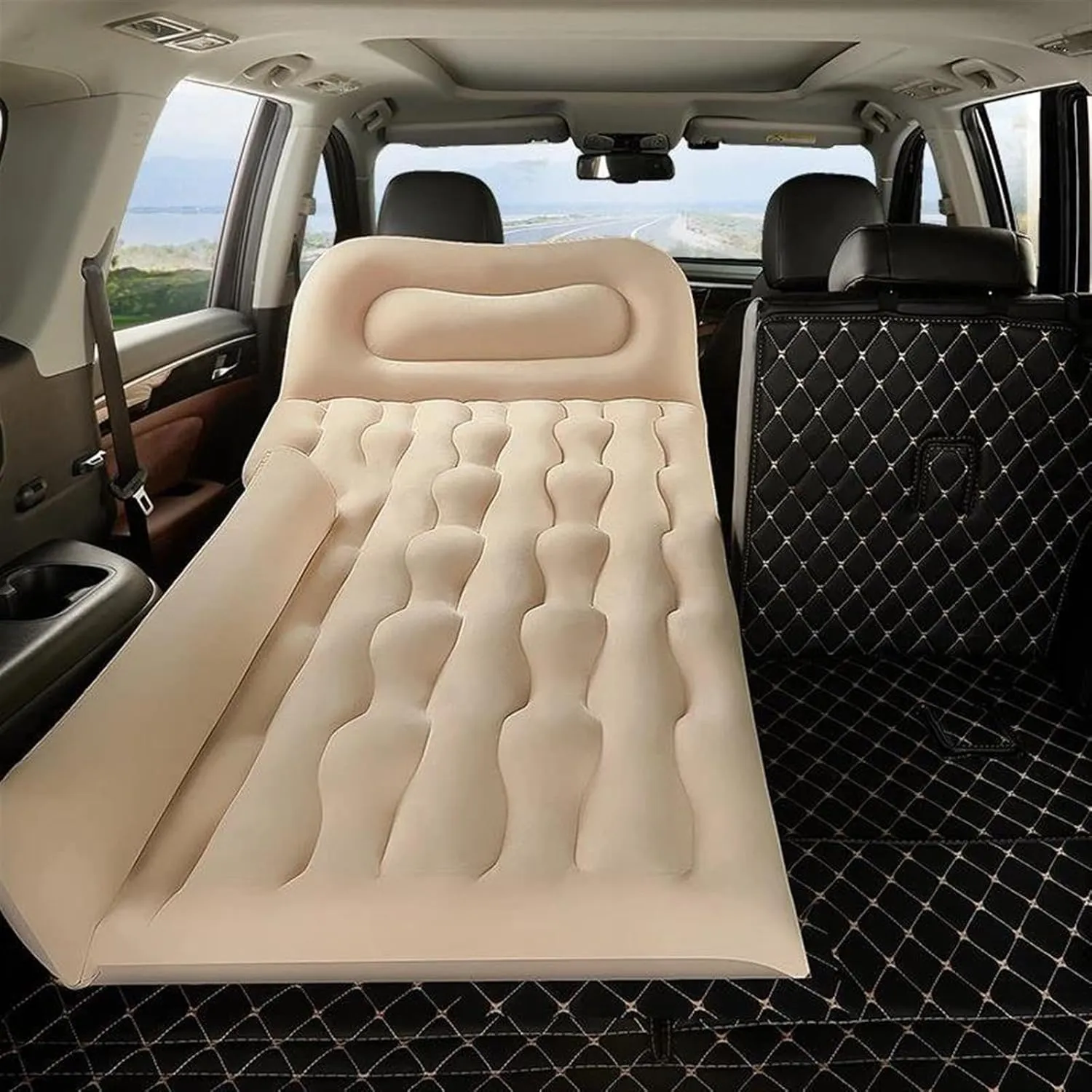 SUV Inflatable Mattress, Car Camping Inflatable Bed, Thickened PVC Flocking Material, Multifunctional Car Sleeping Mat, Fast Inflation in 5-8 Minutes (Black Size 1)