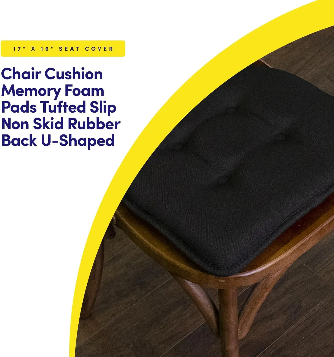 Sweet Home Collection Chair Cushion Memory Foam Pads Tufted Slip Non Skid Rubber Back U-Shaped 17" x 16" Seat Cover, 4 Count (Pack of 1), Black
