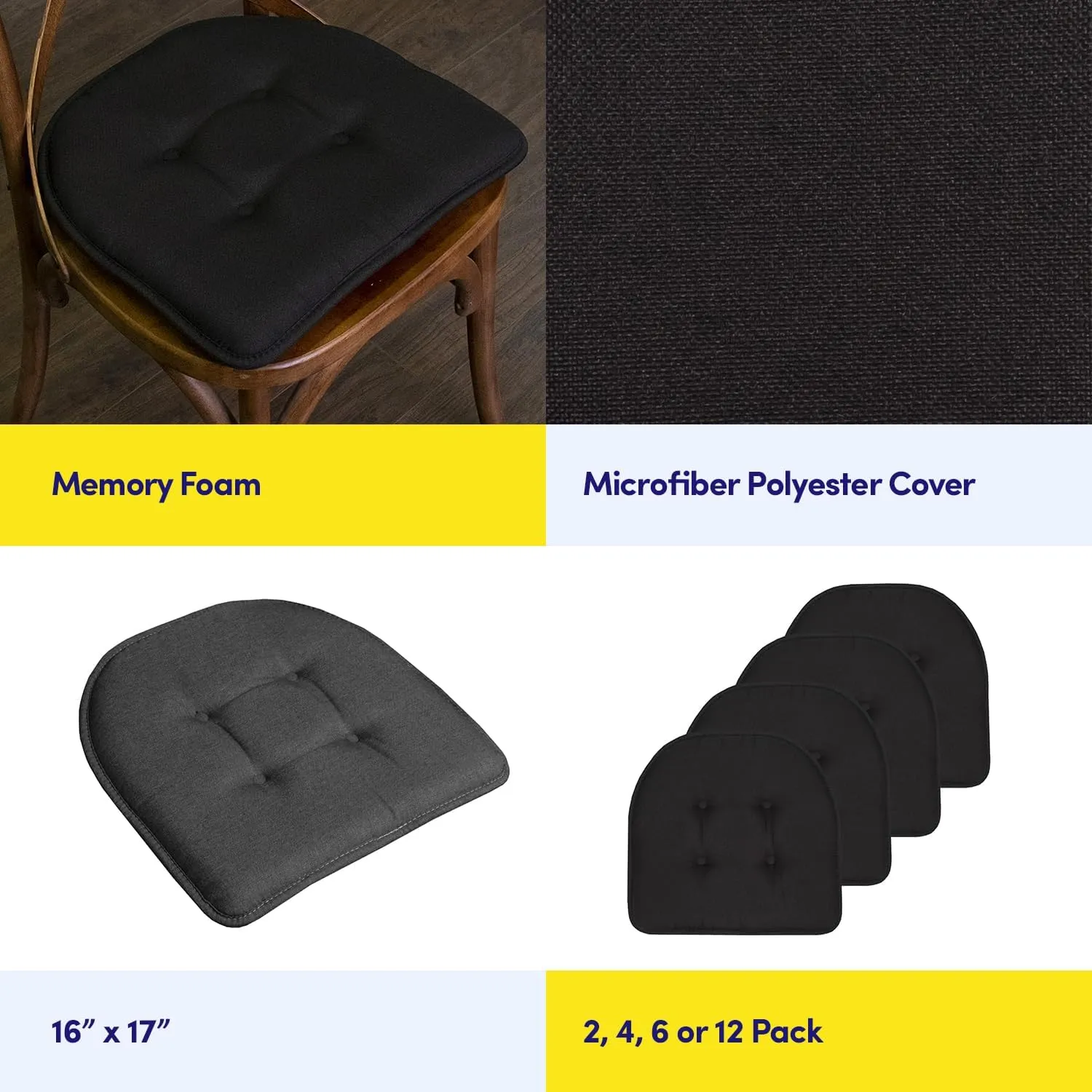 Sweet Home Collection Chair Cushion Memory Foam Pads Tufted Slip Non Skid Rubber Back U-Shaped 17" x 16" Seat Cover, 4 Count (Pack of 1), Black