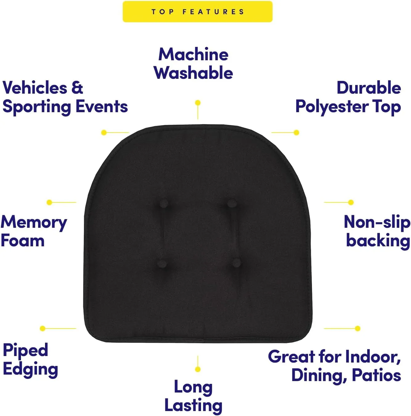 Sweet Home Collection Chair Cushion Memory Foam Pads Tufted Slip Non Skid Rubber Back U-Shaped 17" x 16" Seat Cover, 4 Count (Pack of 1), Black