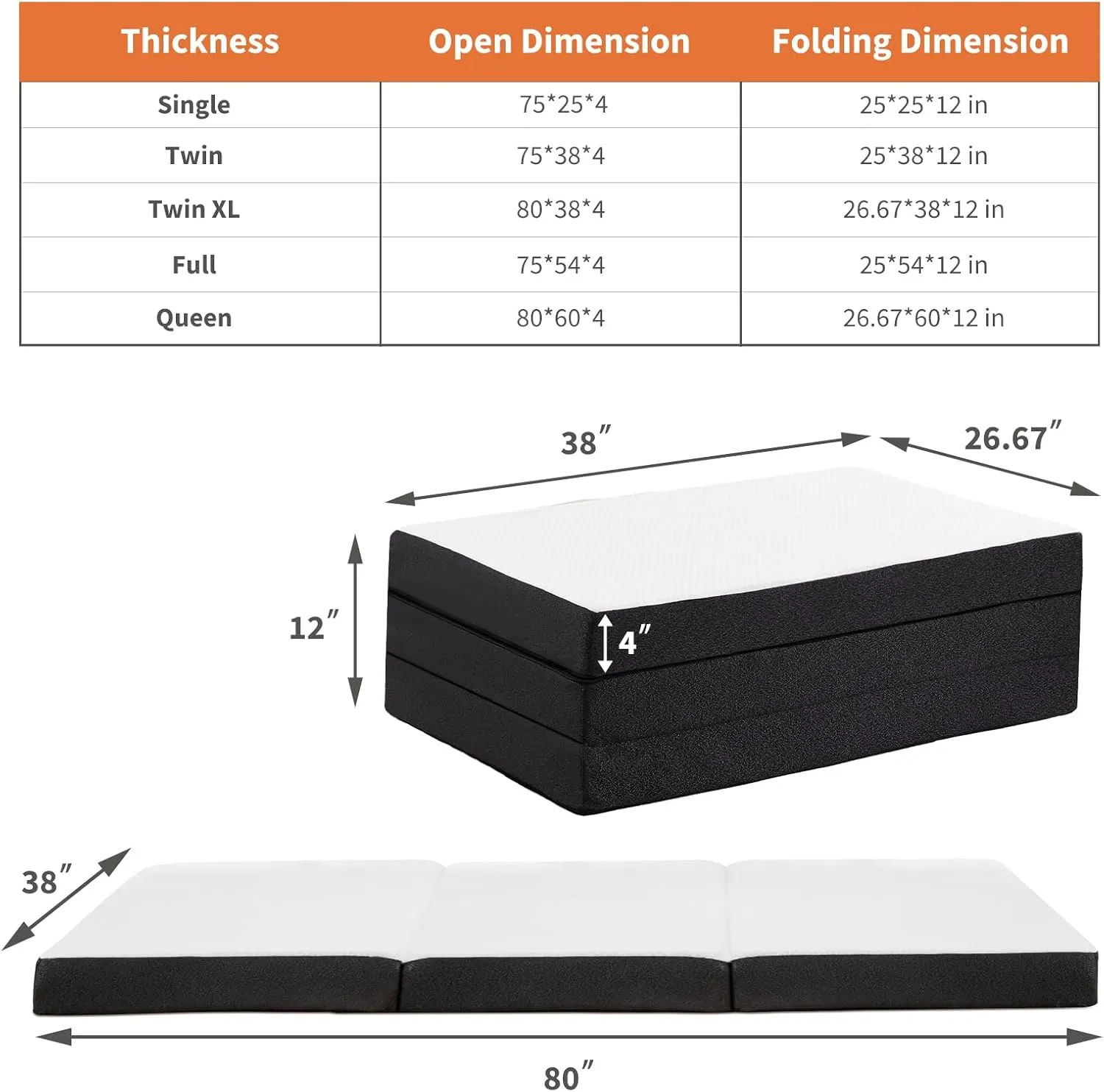 Sweetcrispy Folding Mattress TwinXL Size, 4 inch Tri-fold Memory Foam Mattress Topper for Camping, Foldable Mattress Topper with Washable Cover, Foldable Guest Bed, Travel Mat