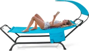 Tangkula Hammock with Stand Included, Heavy Duty Outdoor Hammock with Adjustable Canopy, Rustproof Metal Stand, Pillow, Storage Pocket, Hammock Bed with Stand for Backyard Lawn Poolside (Blue)