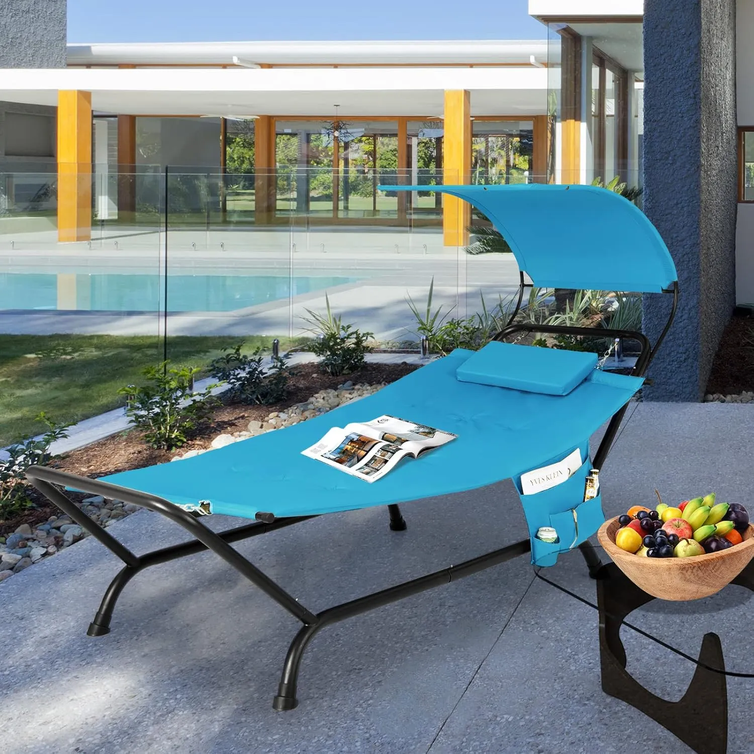 Tangkula Hammock with Stand Included, Heavy Duty Outdoor Hammock with Adjustable Canopy, Rustproof Metal Stand, Pillow, Storage Pocket, Hammock Bed with Stand for Backyard Lawn Poolside (Blue)