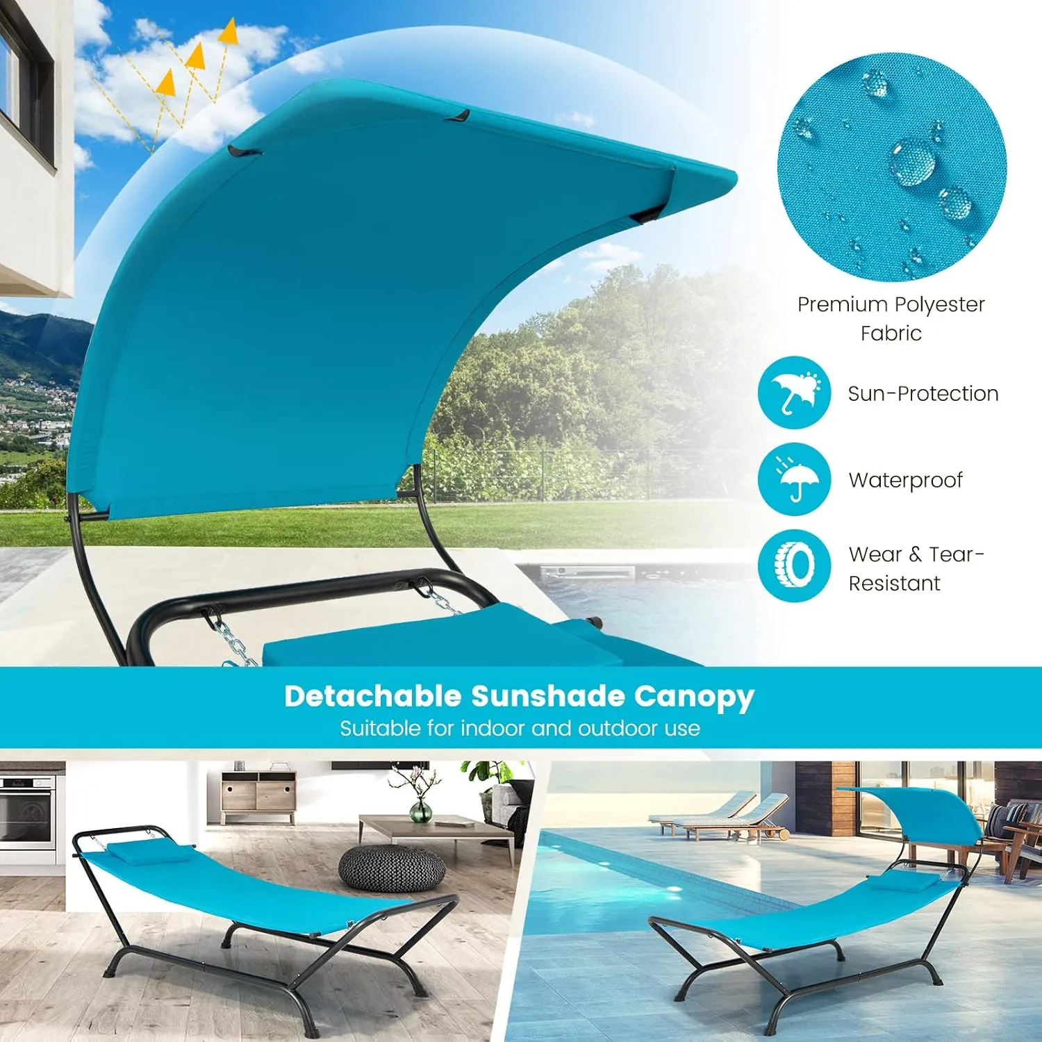 Tangkula Hammock with Stand Included, Heavy Duty Outdoor Hammock with Adjustable Canopy, Rustproof Metal Stand, Pillow, Storage Pocket, Hammock Bed with Stand for Backyard Lawn Poolside (Blue)
