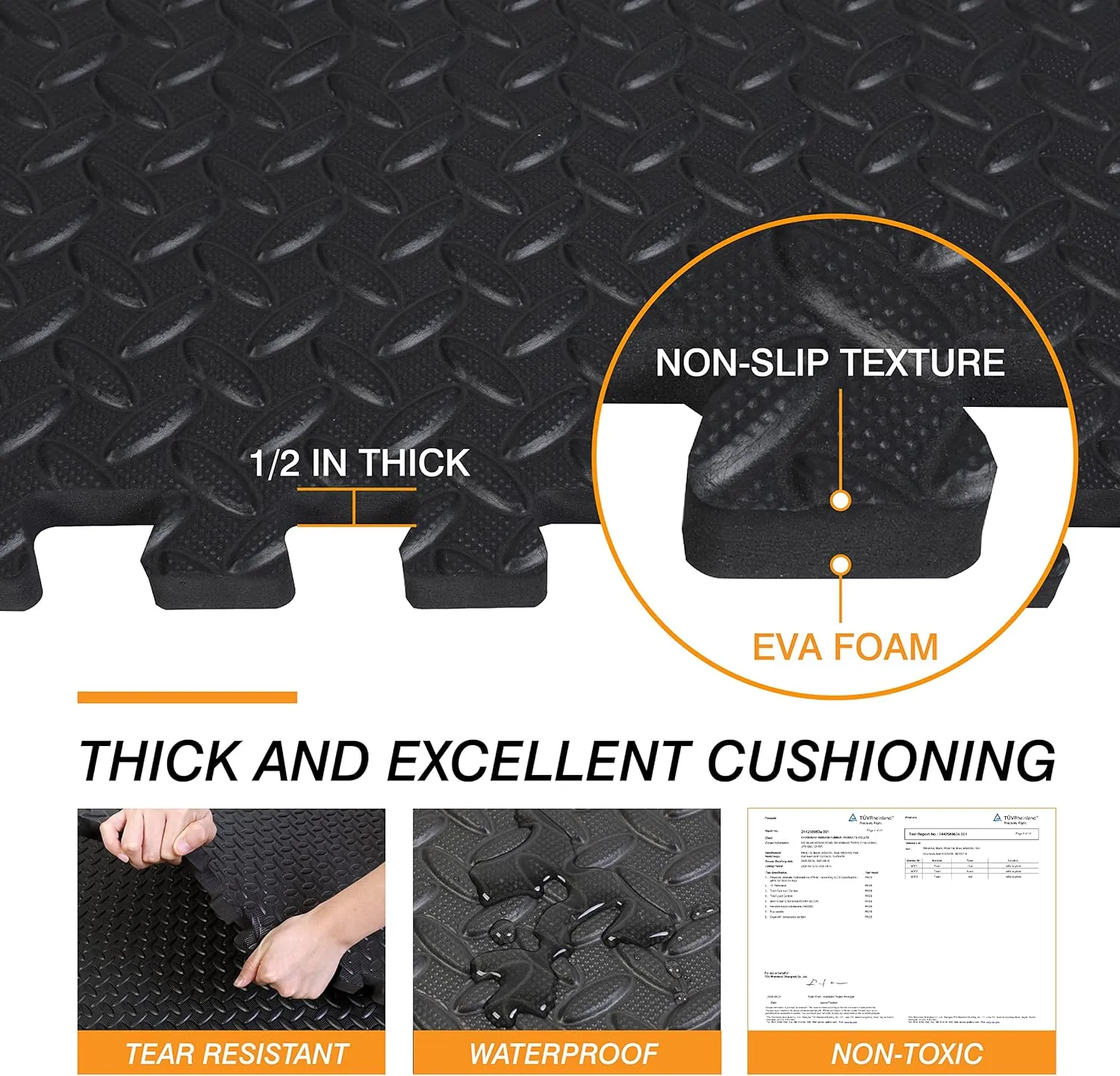 TCE AUPM001BK Interlocking Foam Mat Protective Exercise Workout Puzzle Floor Mat Tiles for Home Gym Equipment - 6 Pieces, 24 Square feet, Black
