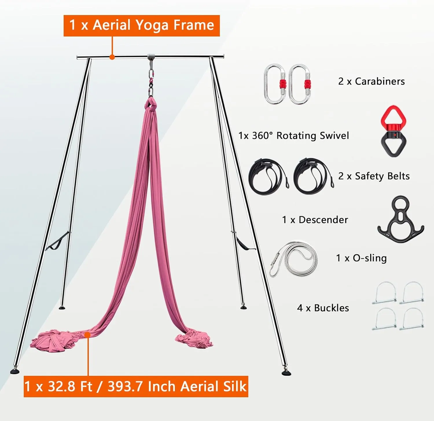 TECSPEC 9.6 FT/115.3 Inch Adjustable Height Aerial Yoga Frame & Hammock, Professional Swing Stand with 18 FT/33FT Aerial Silk, 550lbs Max Capacity