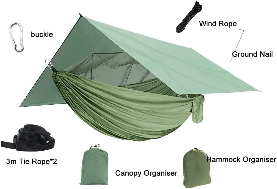 Tent Tarps,wild Camping,Portable Camping Hammock Kit, Single and Double Hammock, Mosquito Net, Insect Net, Rain Fly, High Strength Parachute Cloth Hammock(Army green)