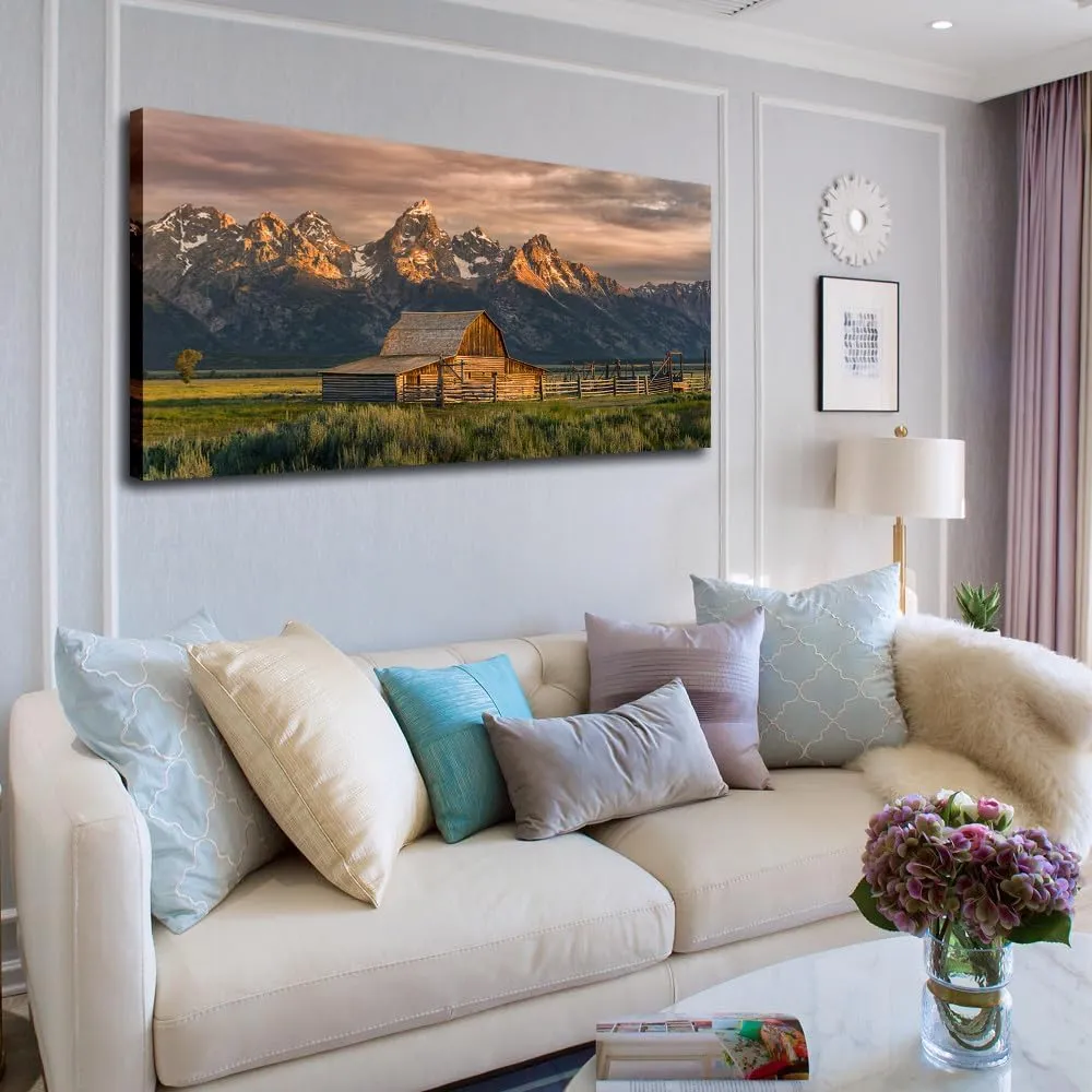 Teton Painting Mountain Canvas Wall Art Nature Artwork Mountain Pictures Wall Decor Large Country National Park Farmhouse Framed Ready to Hang (Barn, 60x30 inch)