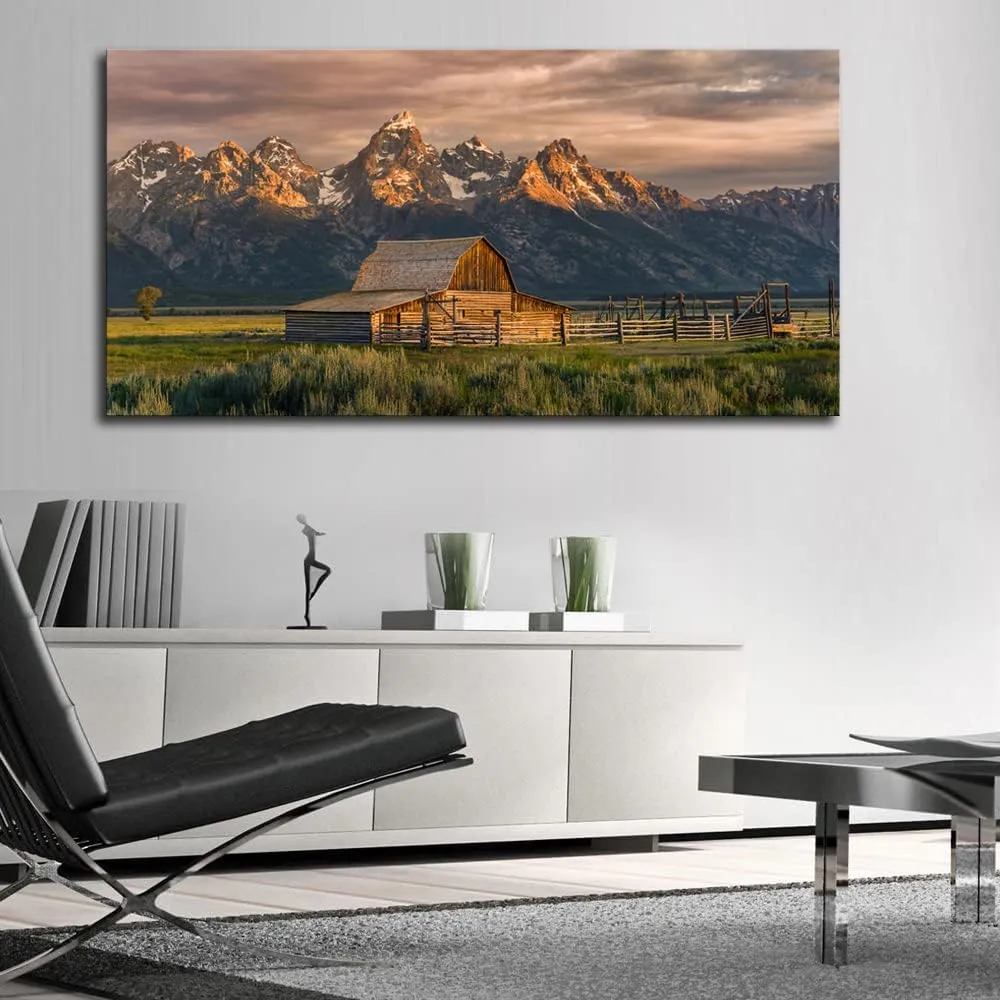 Teton Painting Mountain Canvas Wall Art Nature Artwork Mountain Pictures Wall Decor Large Country National Park Farmhouse Framed Ready to Hang (Barn, 60x30 inch)
