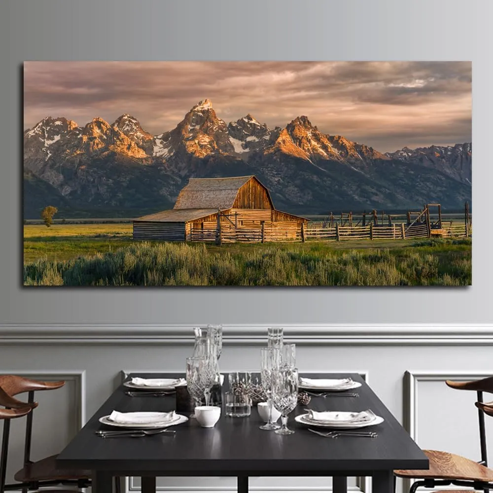 Teton Painting Mountain Canvas Wall Art Nature Artwork Mountain Pictures Wall Decor Large Country National Park Farmhouse Framed Ready to Hang (Barn, 60x30 inch)