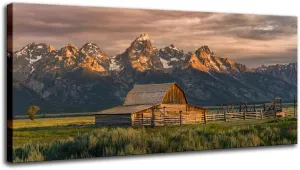 Teton Painting Mountain Canvas Wall Art Nature Artwork Mountain Pictures Wall Decor Large Country National Park Farmhouse Framed Ready to Hang (Barn, 60x30 inch)