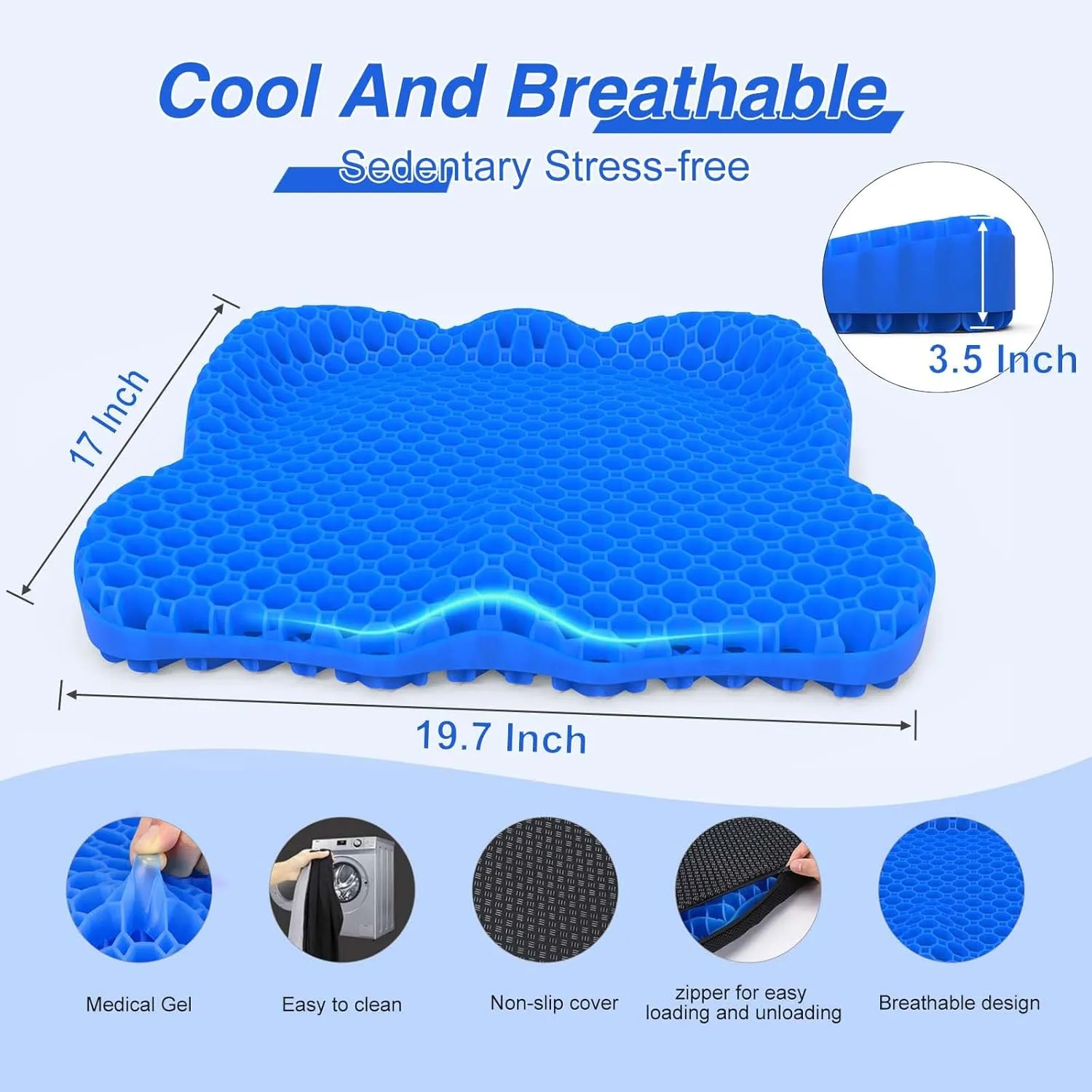 Thicken 19.7in Seat Cushion, Gel Seat Cushion for Long Sitting–Office Chair, Wheelchair, Car Pad, Large Cooling Support Pad for Back Pain, Sciatica, Tailbone Pain Relief