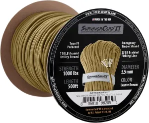 Titan Survival's Patented 1000 LB Survival Paracord – USA Made - Military Style 750 Cord with Firestarter, Fishing Line, and Kevlar Strands - Heavy Duty Camping Cordage - Lengths & Color Options