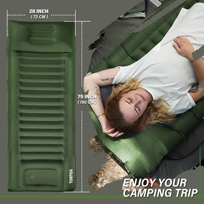 TOBTOS Inflatable Camping Sleeping Pad with Pillow, Thick 6 Inch Ultralight Sleeping Pad with Built-in Pump, Lightweight Sleeping Mat for Camping, Backpacking, Hiking, Tent (Green)