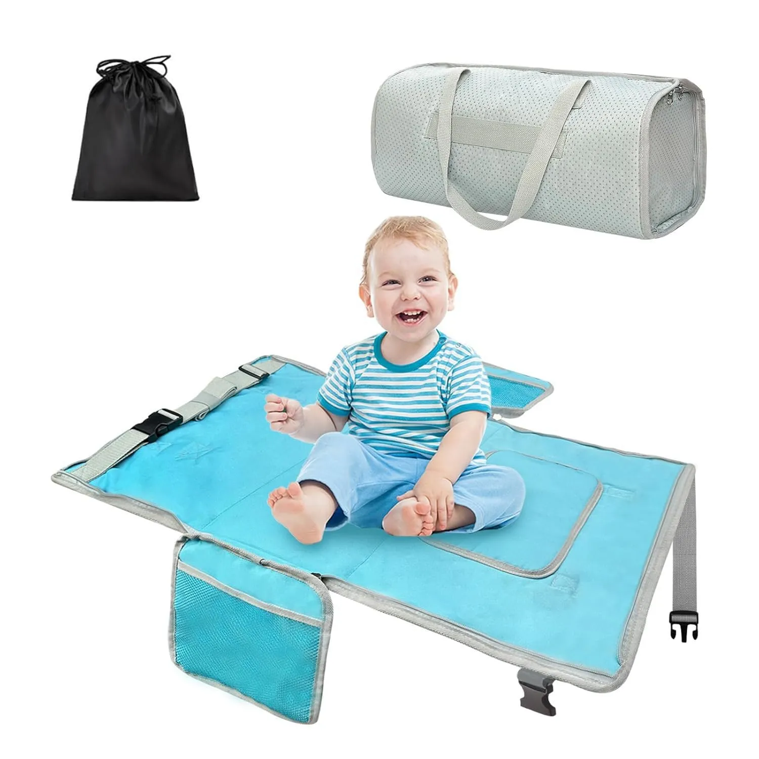 Toddler Airplane Bed and Travel Bag 2 in 1, Kids Airplane Seat Extender Portable Kids Flight Essentials, Adjustable Footrest for Infant Sleeping, Carry-On Duffle Bag Compatible (Blue)