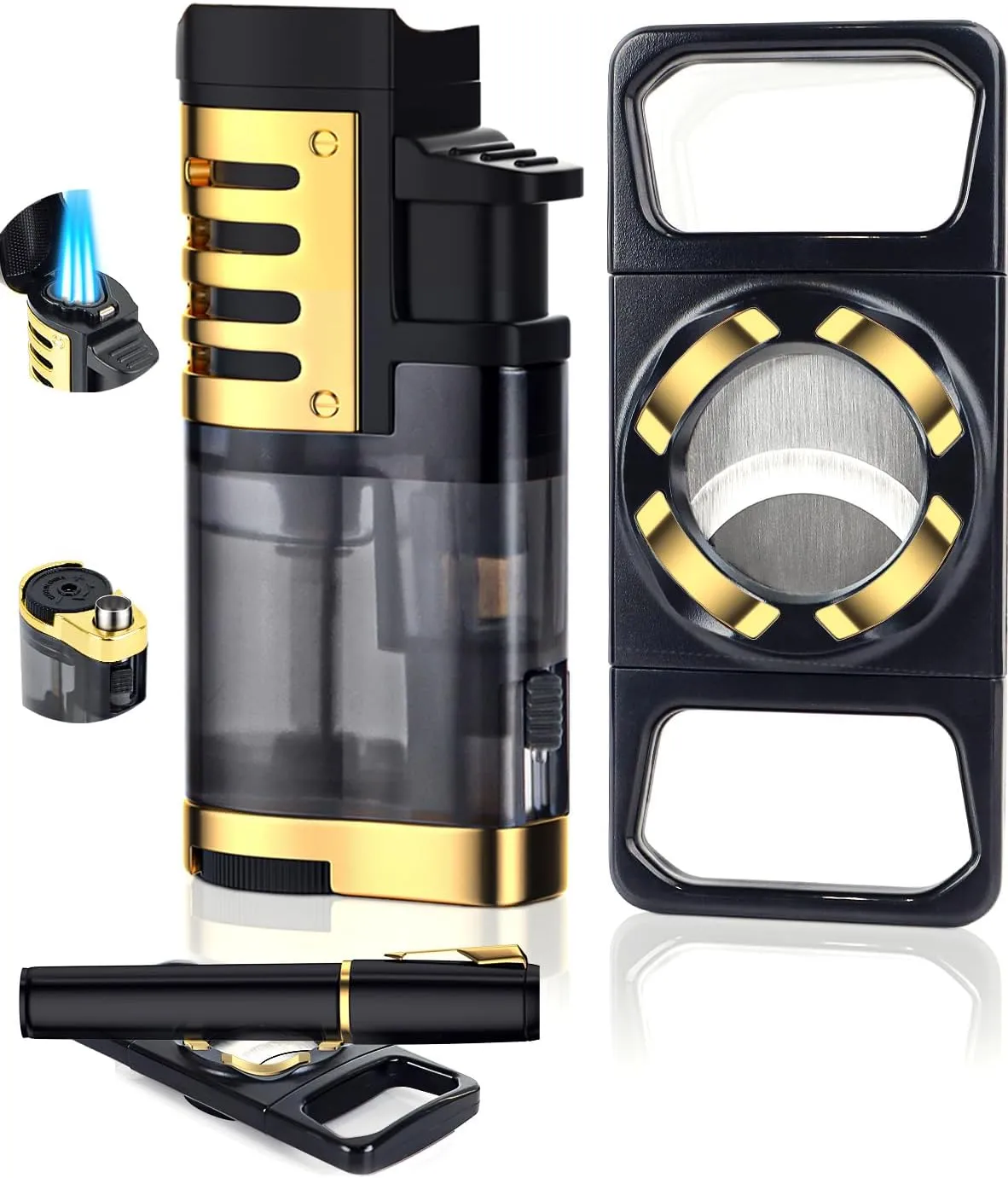 Torch Lighter and Straight Cutter Set with Built-in Holder, Punch, Triple Windproof Jet Flame Butane Lighter, Lighter Set with Gift Box, Outdoor Multifunctional Accessories（Butane not Included）