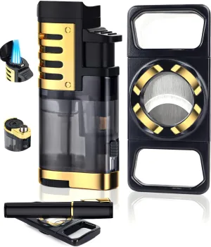 Torch Lighter and Straight Cutter Set with Built-in Holder, Punch, Triple Windproof Jet Flame Butane Lighter, Lighter Set with Gift Box, Outdoor Multifunctional Accessories（Butane not Included）