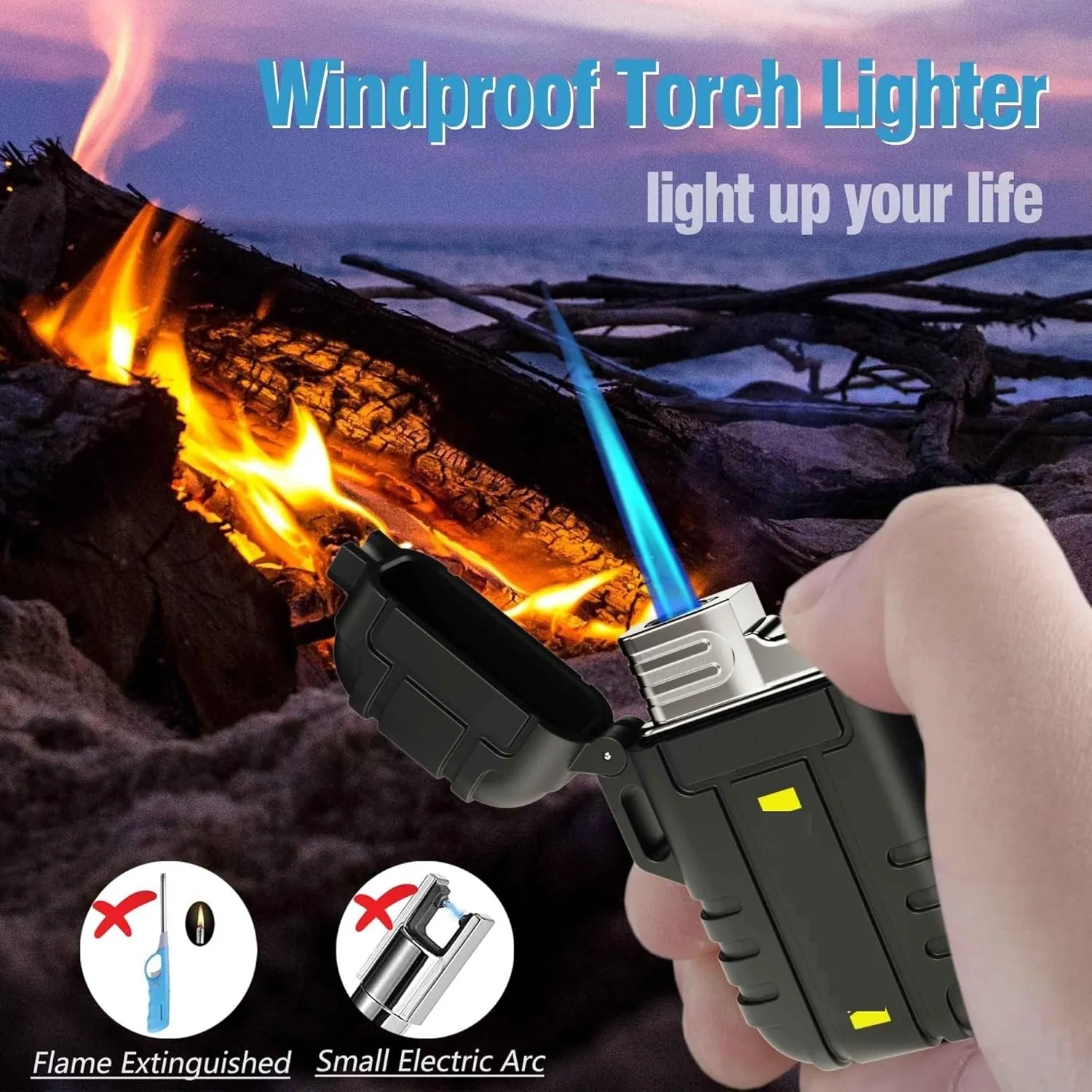 Torch Lighter, refillable Butane Lighter, with Safety Lock, Windproof and Waterproof, Adjustable Jet Flame, Suitable for Fireplace, Barbecue, Camping, etc. (Butane not Included)(Orange)