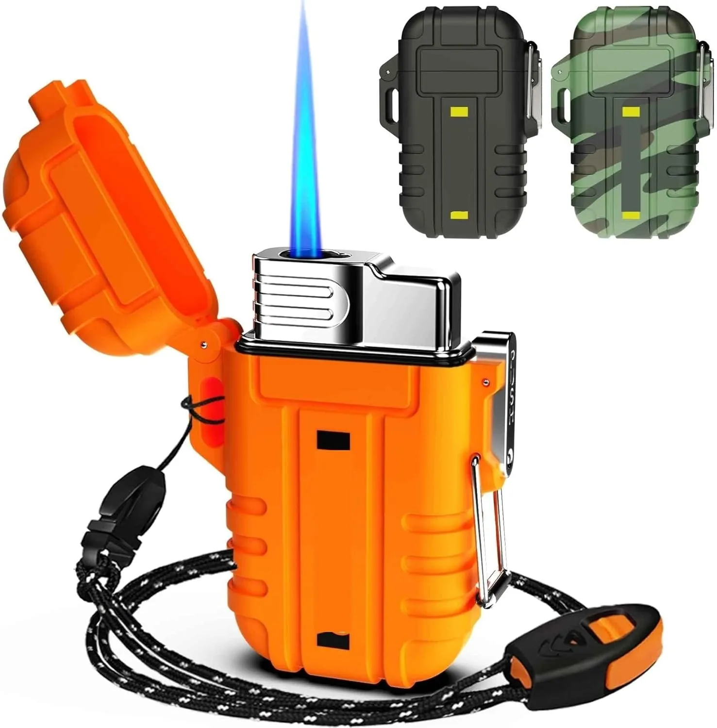 Torch Lighter, refillable Butane Lighter, with Safety Lock, Windproof and Waterproof, Adjustable Jet Flame, Suitable for Fireplace, Barbecue, Camping, etc. (Butane not Included)(Orange)