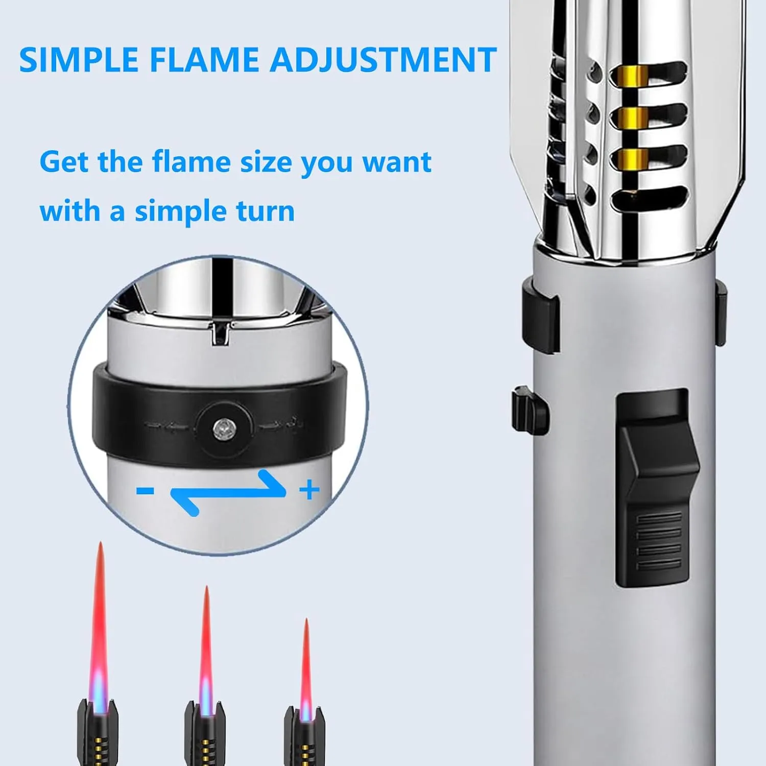 Torch Lighter, Refillable Butane Windproof Jet Flame Super Large Torch Lighter, Straight Bright Fire Adjustable Red/Blue Cool Flame & Safety Lock for Camping, BBQ, Baking, Outdoor, Gifts