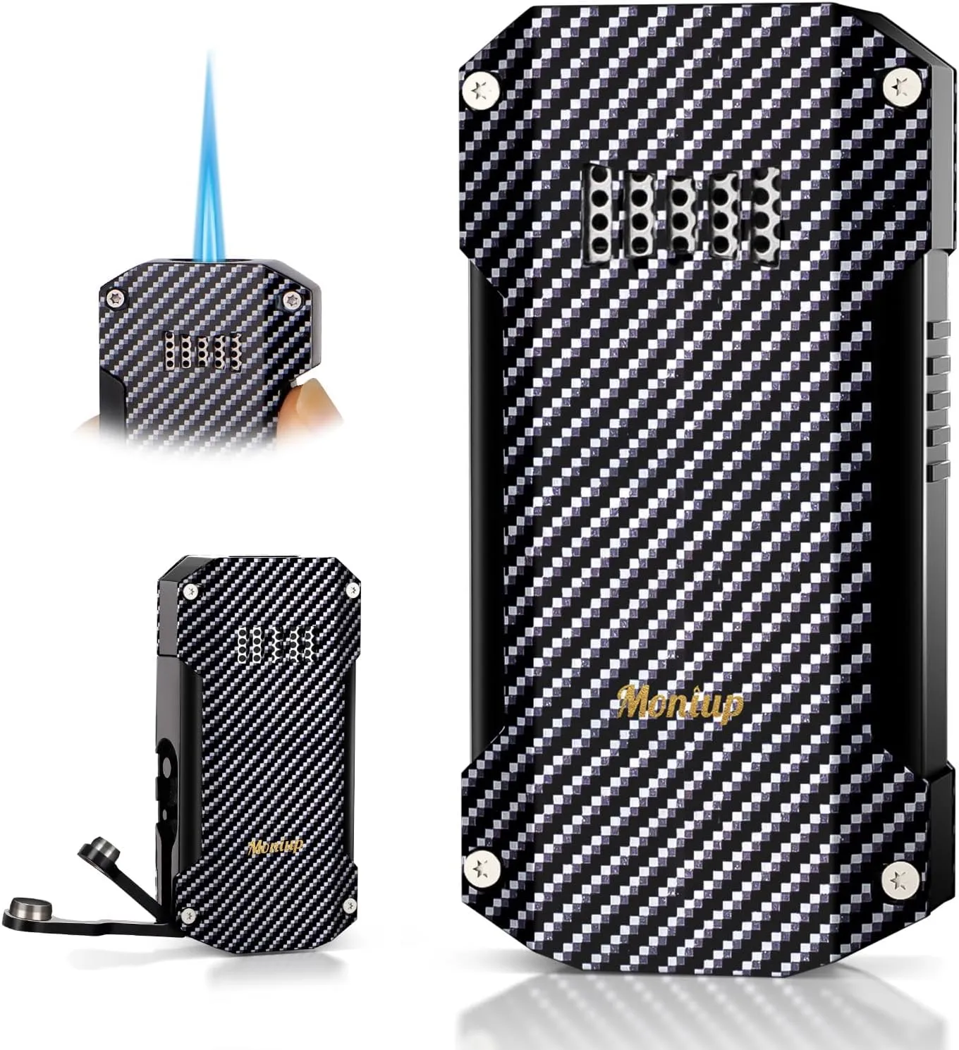 Torch Lighter with Jet Flame, 2 Built-in Punches, All-in-one Windproof Cool Lighter with Gift Box for Festival, Refillable Butane Unique Lighter for Candle, Camping, Outdoors