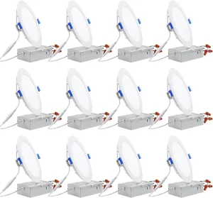 TORCHSTAR 12-Pack Essential Series 6 Inch Ultra-Thin LED Recessed Lighting with J-Box, 4000K Cool White, 12W Dimmable 1000lm Brightness LED Downlight, ETL & Energy Star Listed