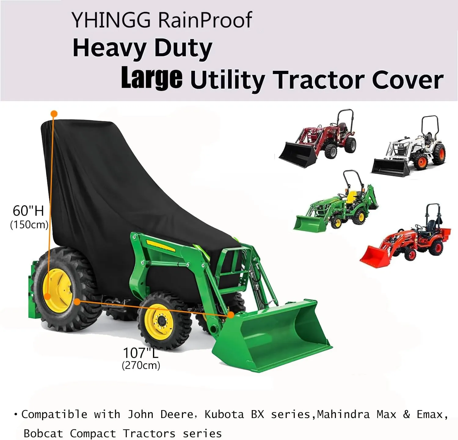 Tractor Cover Waterproof Compatible with Kubota,John Deere,Mahindra, Bobcat,Compact Utility Tractor Cowling Cover Heavy Duty Tractor Accessories Large (Large Cover)