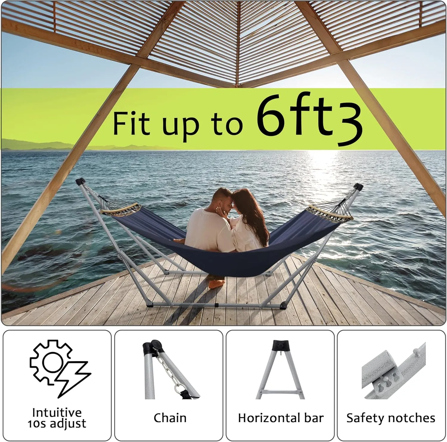 Tranquillo Ultimate Relaxation Portable Hammock Stand, Foldable Hammock Stand with Canvas Hammock, Spreader Bar, Quick Fold Unfold in 30 Seconds Steel Frame Hammock 600 lbs Capacity, White Frame, Navy