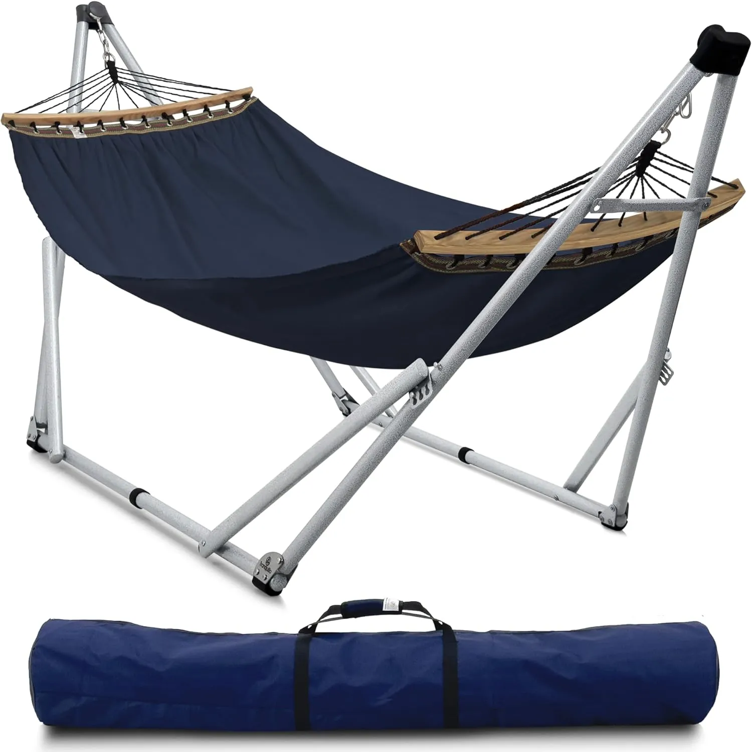 Tranquillo Ultimate Relaxation Portable Hammock Stand, Foldable Hammock Stand with Canvas Hammock, Spreader Bar, Quick Fold Unfold in 30 Seconds Steel Frame Hammock 600 lbs Capacity, White Frame, Navy