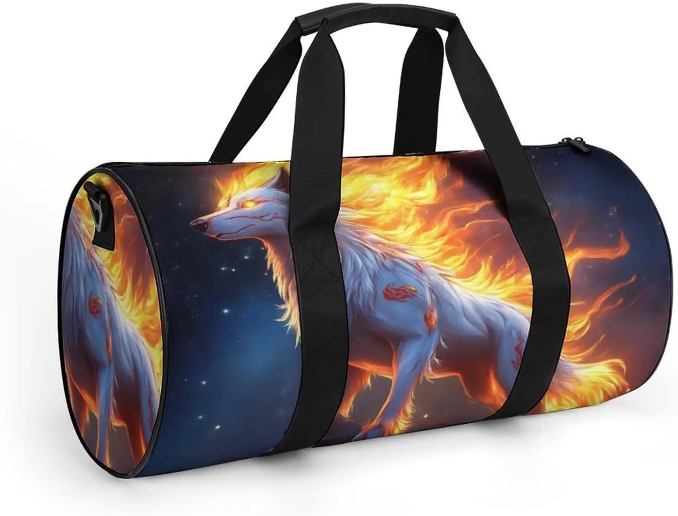 Travel Duffel Bag for Men Women, Foldable Lightweight Gym Yoga Bag with Wet Pocket Flame Fire Cool Wolf Art Sport Handbag