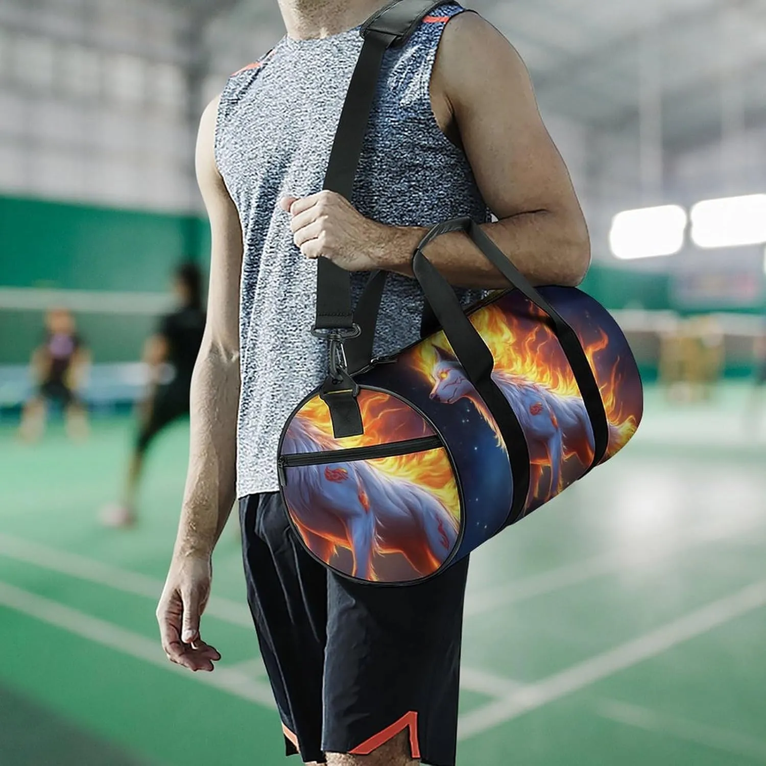 Travel Duffel Bag for Men Women, Foldable Lightweight Gym Yoga Bag with Wet Pocket Flame Fire Cool Wolf Art Sport Handbag