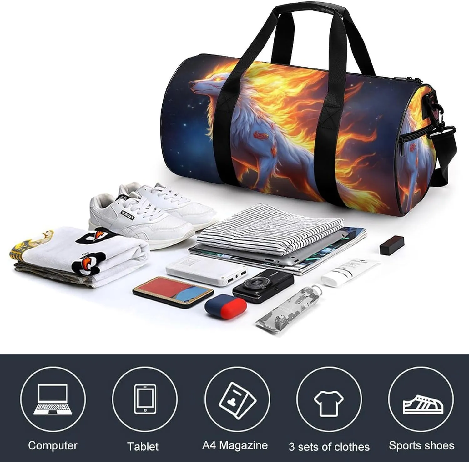 Travel Duffel Bag for Men Women, Foldable Lightweight Gym Yoga Bag with Wet Pocket Flame Fire Cool Wolf Art Sport Handbag