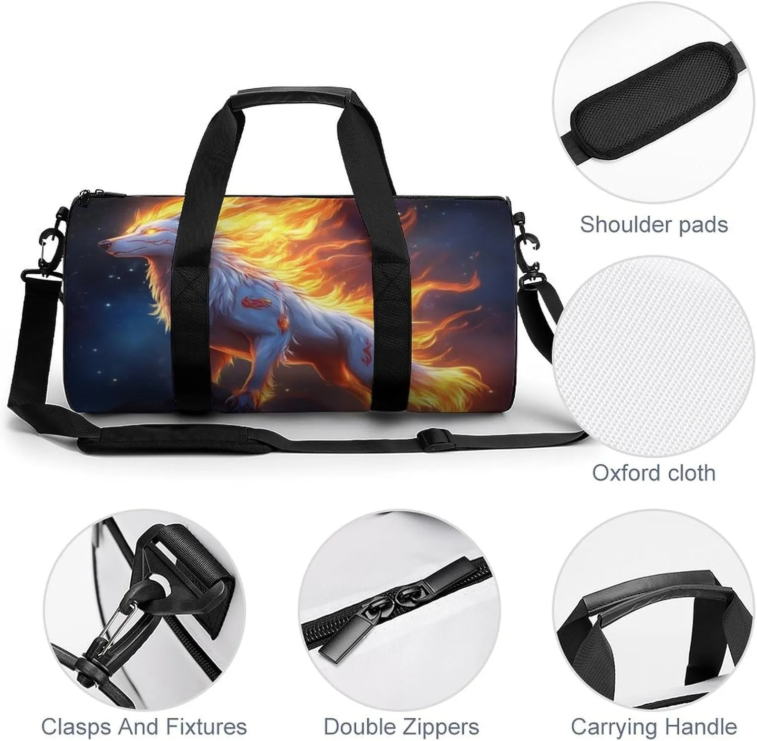 Travel Duffel Bag for Men Women, Foldable Lightweight Gym Yoga Bag with Wet Pocket Flame Fire Cool Wolf Art Sport Handbag