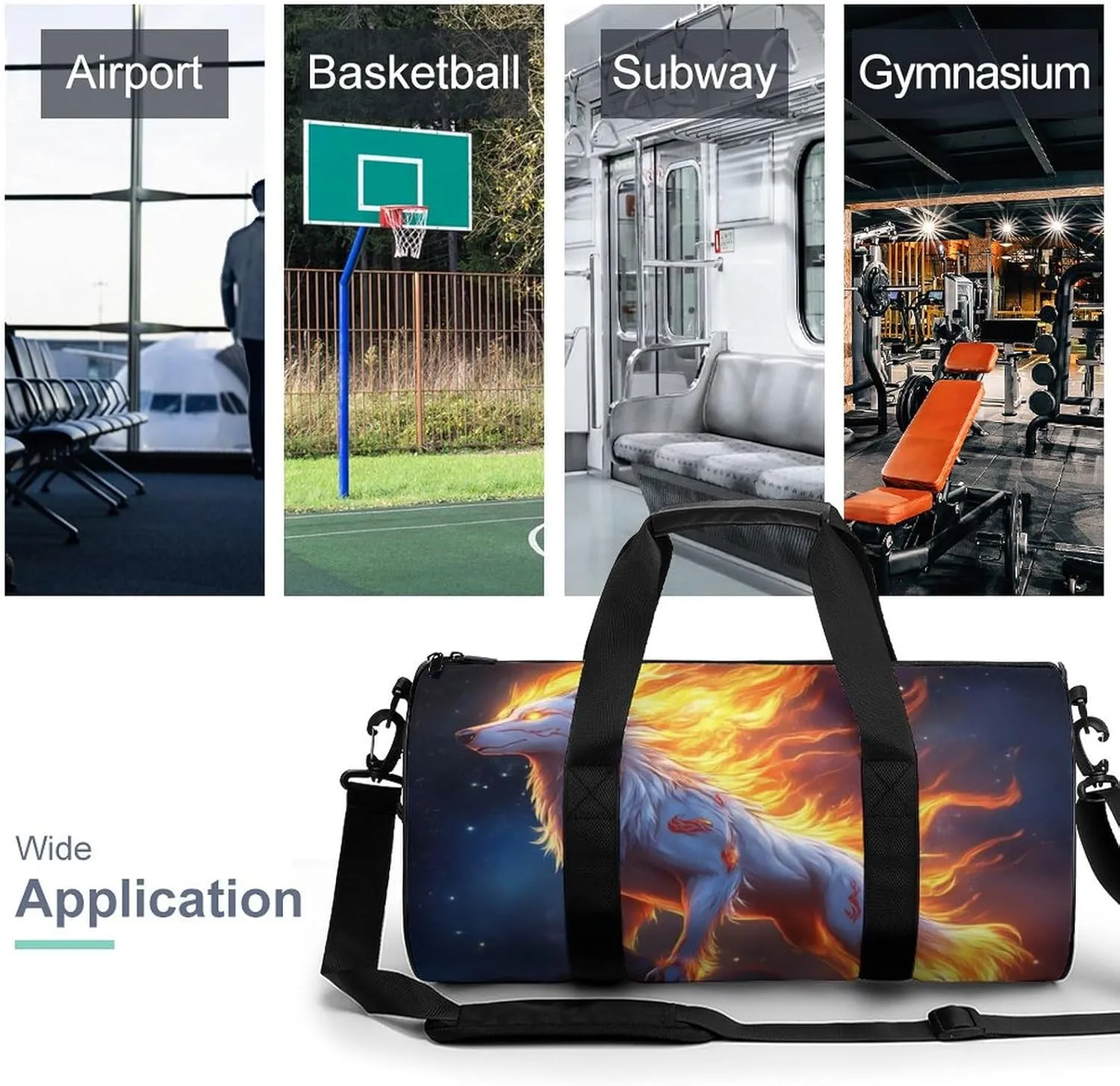 Travel Duffel Bag for Men Women, Foldable Lightweight Gym Yoga Bag with Wet Pocket Flame Fire Cool Wolf Art Sport Handbag