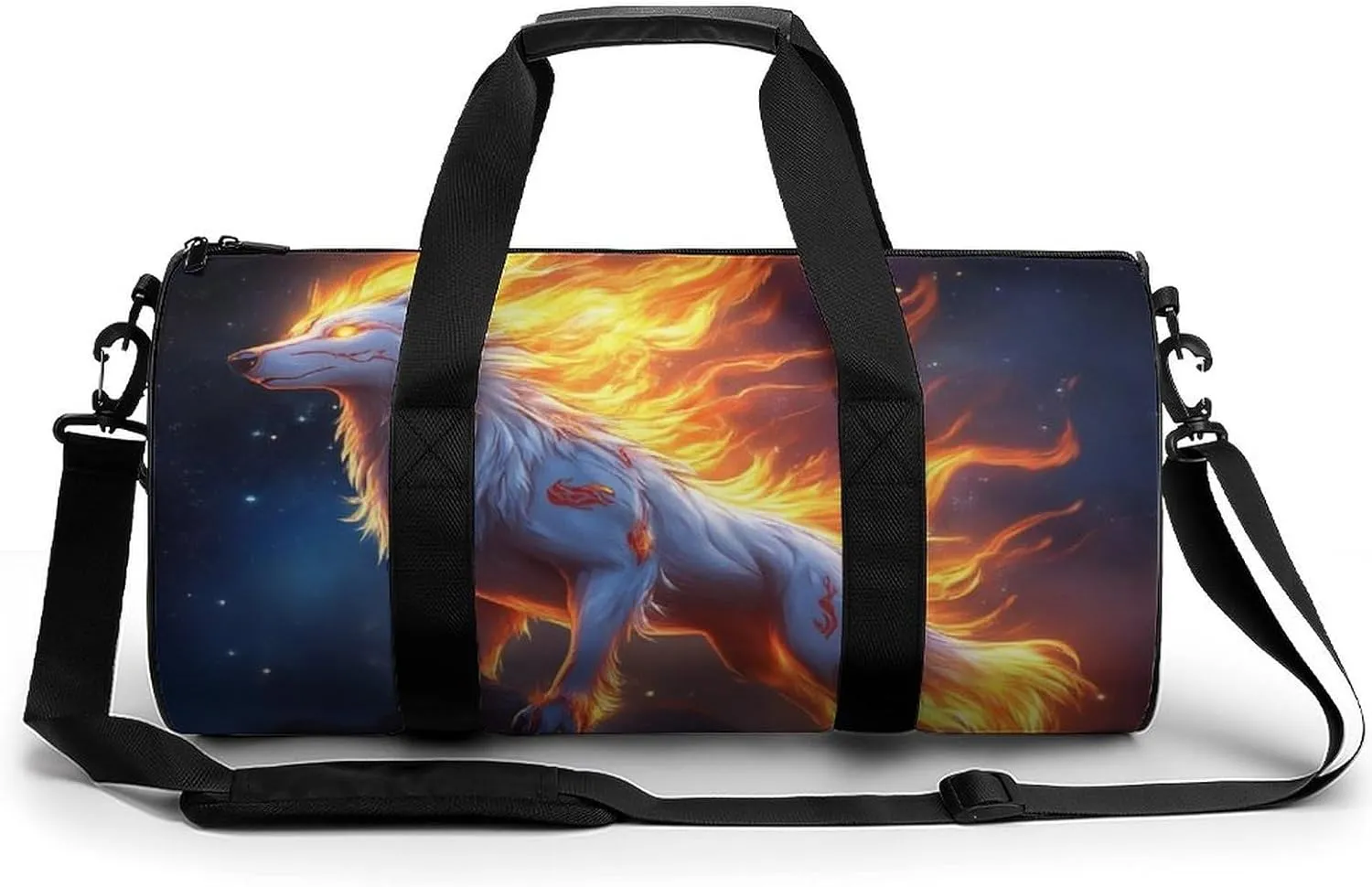 Travel Duffel Bag for Men Women, Foldable Lightweight Gym Yoga Bag with Wet Pocket Flame Fire Cool Wolf Art Sport Handbag