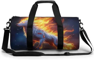 Travel Duffel Bag for Men Women, Foldable Lightweight Gym Yoga Bag with Wet Pocket Flame Fire Cool Wolf Art Sport Handbag