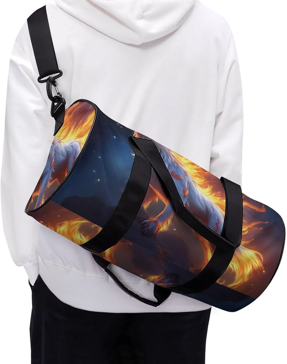 Travel Duffel Bag for Men Women, Foldable Lightweight Gym Yoga Bag with Wet Pocket Flame Fire Cool Wolf Art Sport Handbag
