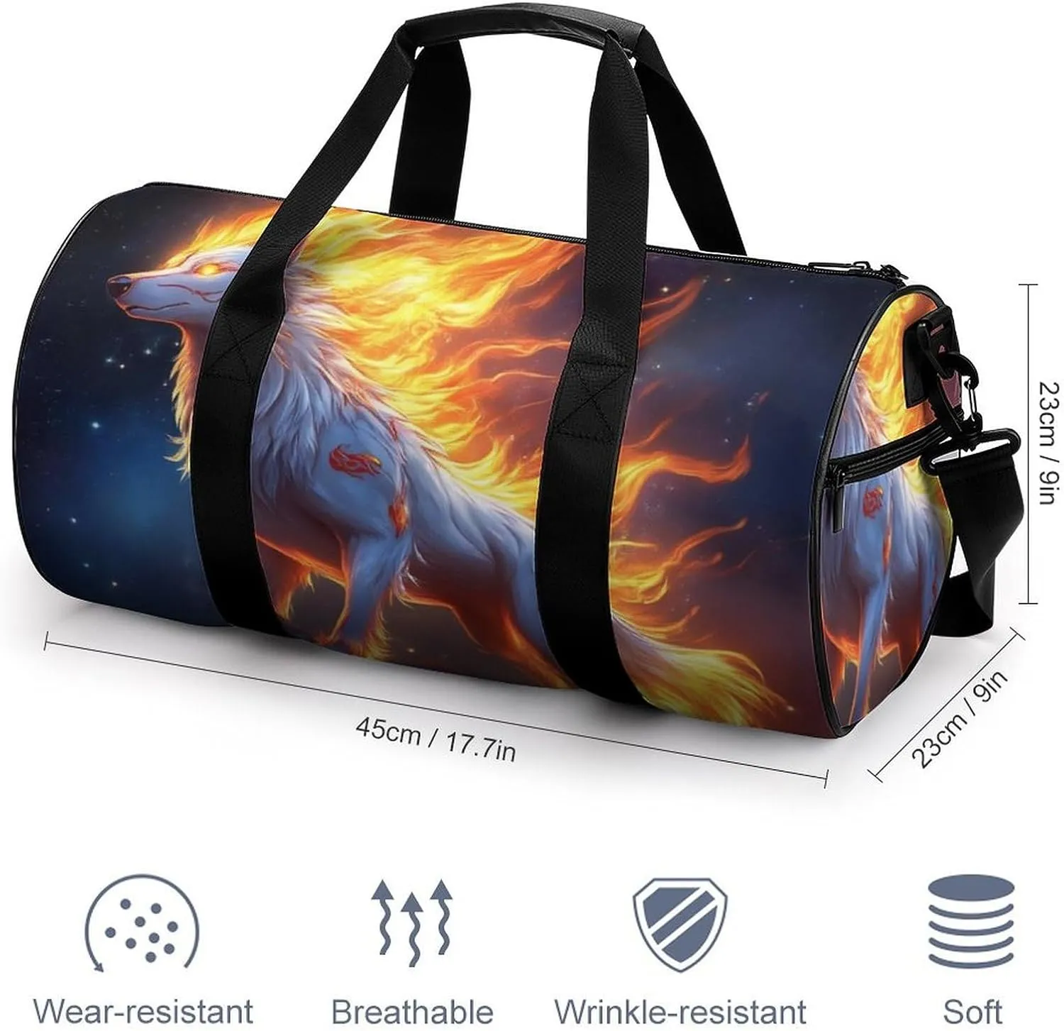 Travel Duffel Bag for Men Women, Foldable Lightweight Gym Yoga Bag with Wet Pocket Flame Fire Cool Wolf Art Sport Handbag
