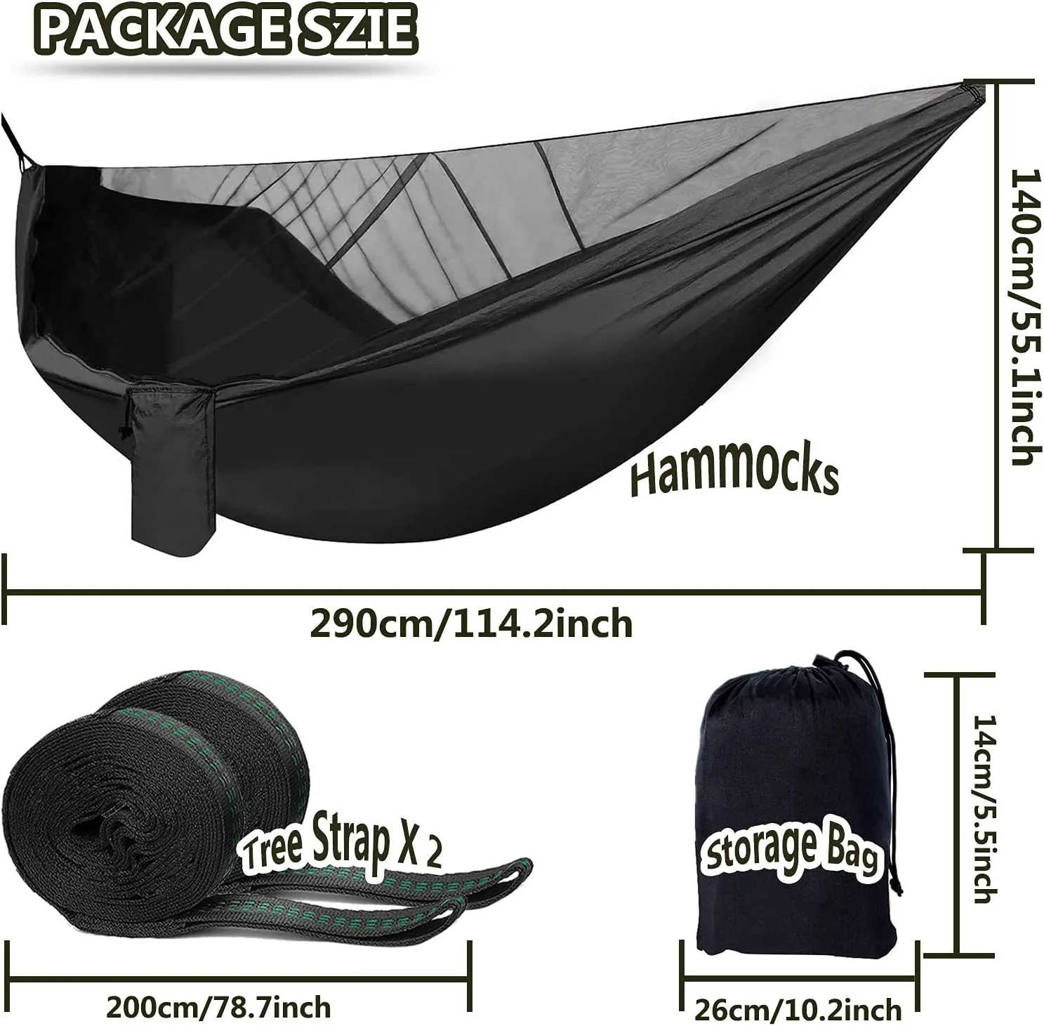 Travel Hammock, Lightweight Camping Hammock with Mosquito Net, Portable Outdoor Hammock 200kg Load Capacity for Camping Hiking Backpacking,Black