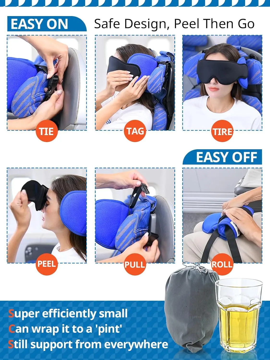 Travel Pillows for Airplanes, Airplane Pillow for Sleeping with 3D Eye Mask, 360° Headrest for Long Flight, Road Trip, Stop Bobblehead Relieve Neck Pain, FSA HSA Eligible Approved, Blue