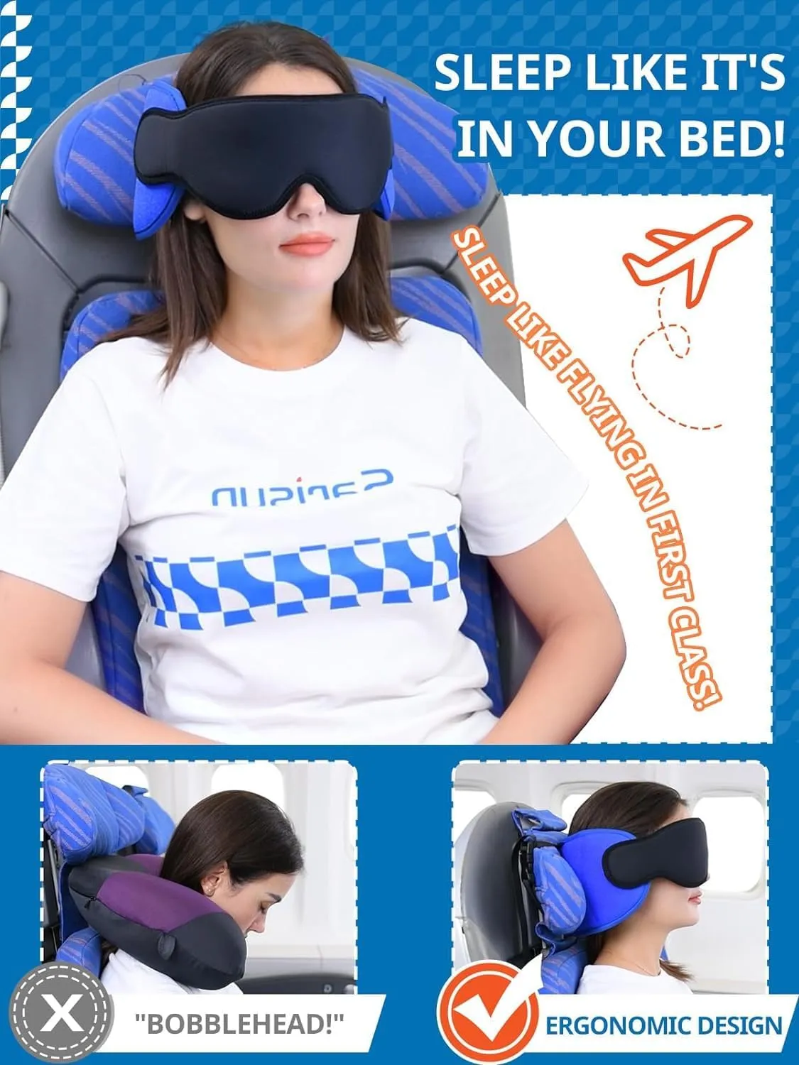 Travel Pillows for Airplanes with Sleep Eye Mask, Chin Strap, Airplane Pillow for Long Flights, Car Road Trip, 360° Headrest, Stop Bobblehead, FSA HSA Eligible, Mottled Grey