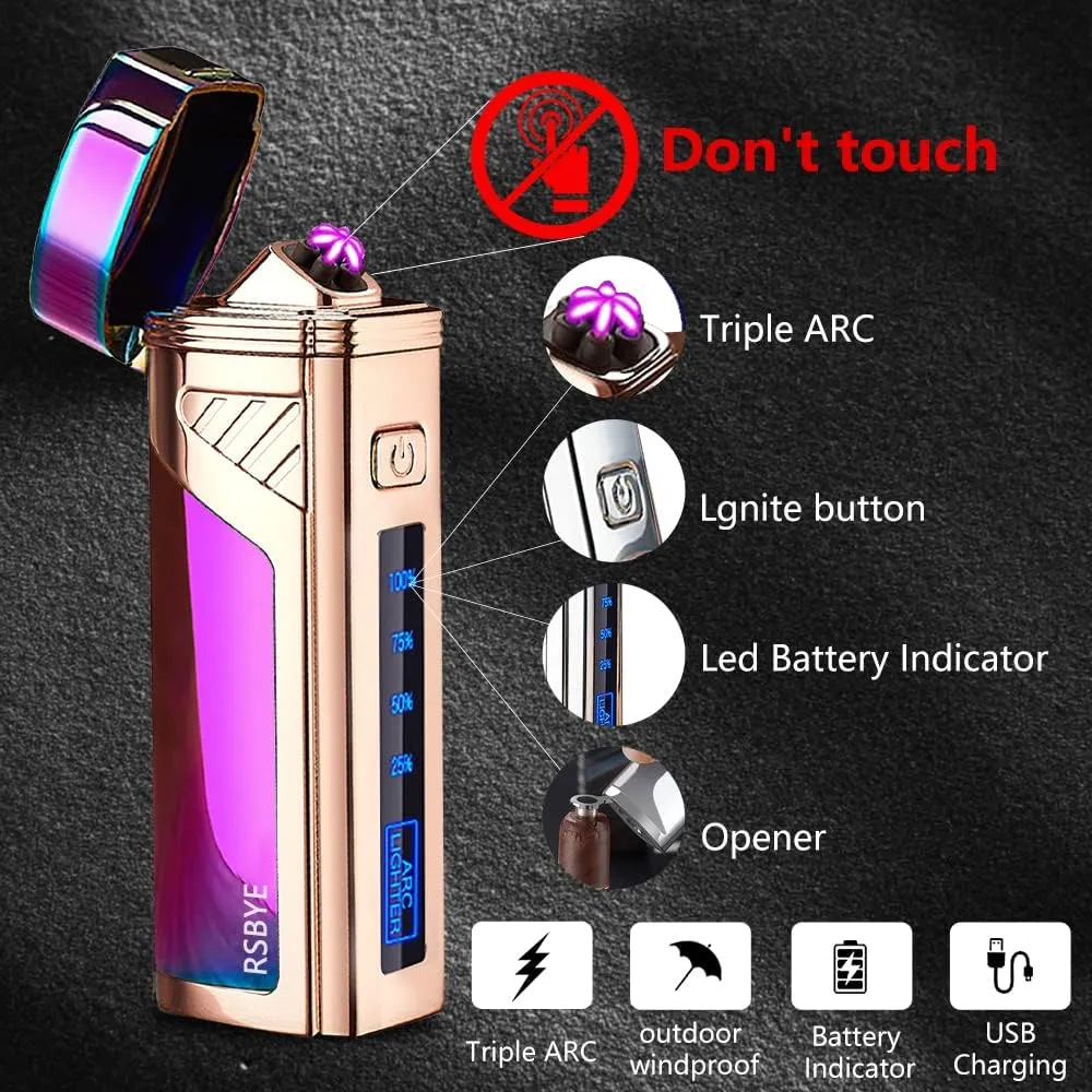 Triple-Arc Electric Lighter - Windproof, Flameless Plasma Lighter - Rechargeable USB - 2-in-1 Opener with Digital Battery Indicator